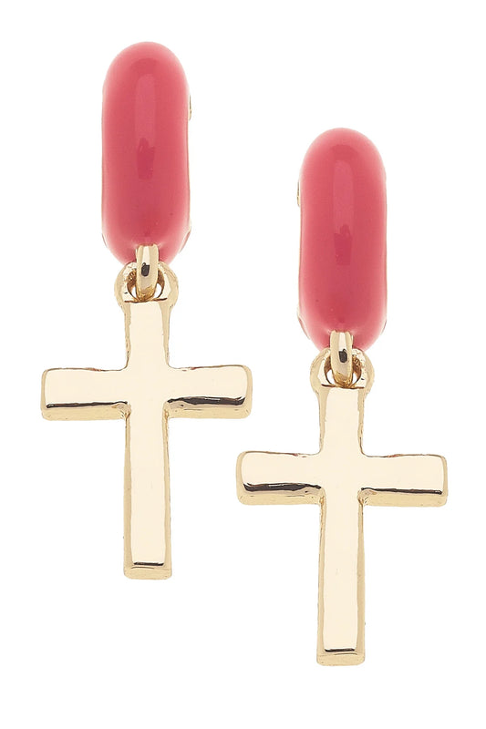 Ruth Cross Enamel Huggie Hoop Earrings in Coral