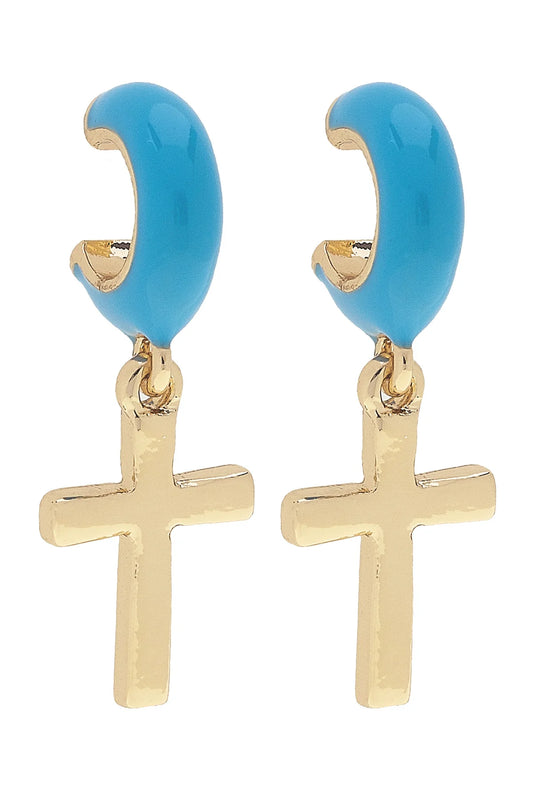 Ruth Cross Enamel Huggie Hoop Earrings in Light Blue