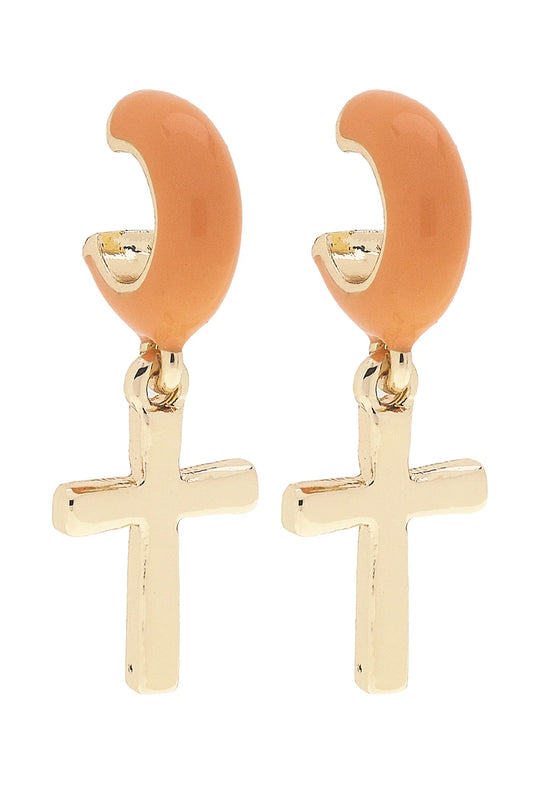 Ruth Cross Enamel Huggie Hoop Earrings in Orange