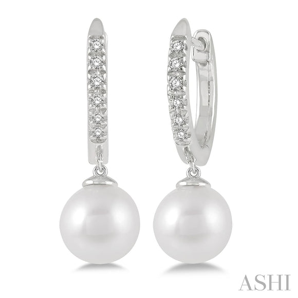 14K White Gold Pearl & Diamond Huggie Earrings