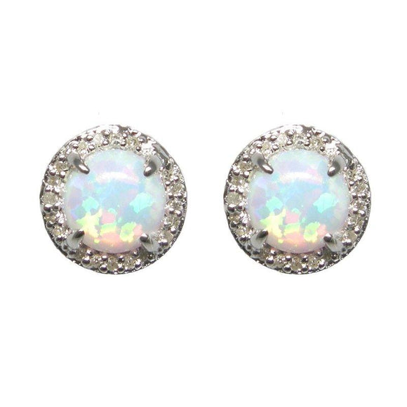 Sterling Silver Opal & Diamond Stud Earrings