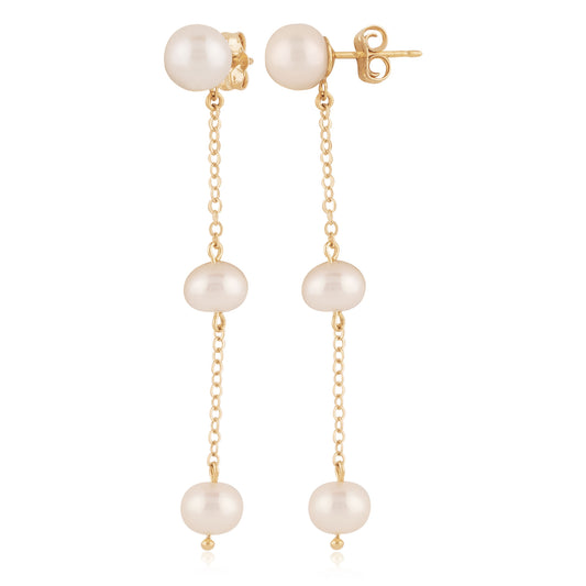 14K Yellow Gold Triple White Pearl Drop Earrings