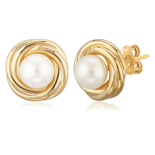 14K Yellow Gold 5mm Pearl Love Knot Stud Earrings