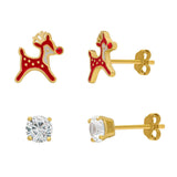 Reindeer & Lab Created White Sapphire Holiday Stud Set in Sterling Silver