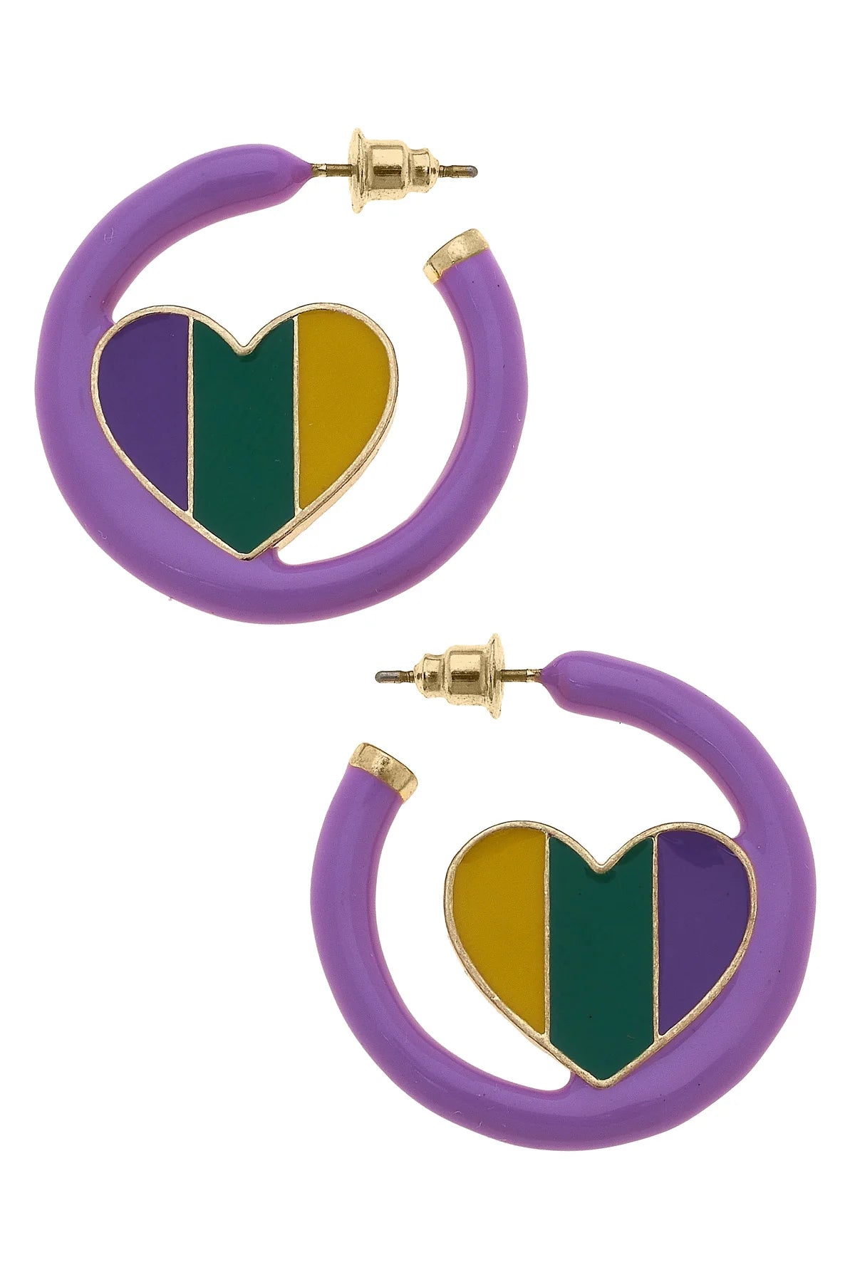 Mardi Gras Enamel Heart Hoop Earrings