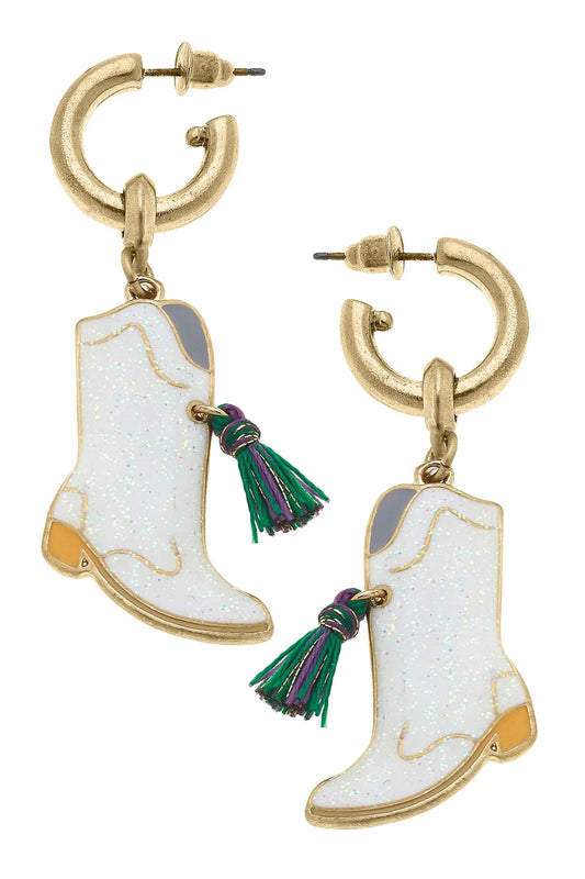 Mardi Gras Marching Boot Enamel Drop Hoop Earrings