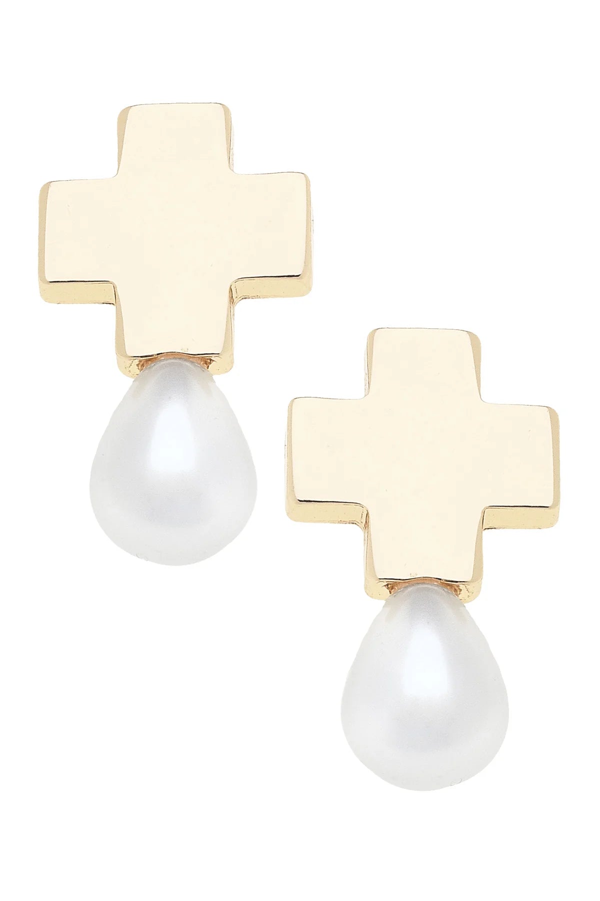 Edith Square Cross Pearl Drop Earrings in Ivory