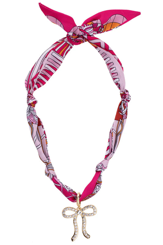 Pave Bow Scarf Necklace in Fuchsia/Orange/White