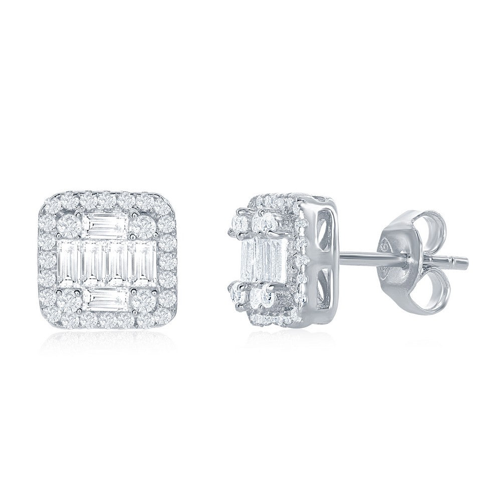 Sterling Silver Square Baguette Stud Earrings