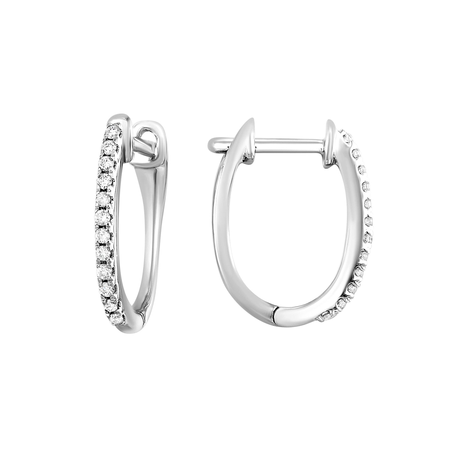 10K White Gold Diamond Oval Huggie Hoop Earrings