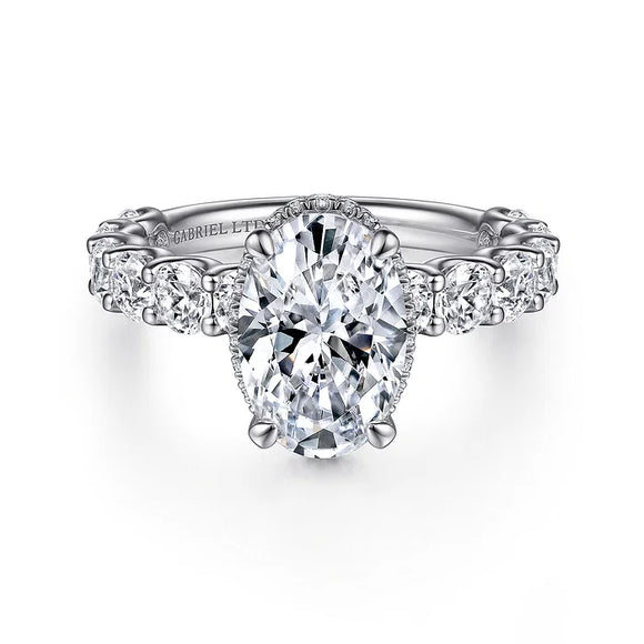 18K White Gold Oval Hidden Halo Diamond Engagement Ring (Does Not Include Center Stone)