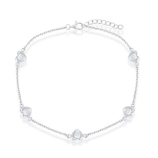 Sterling Silver Station Hearts Anklet