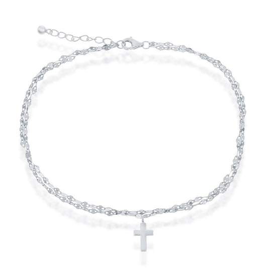 Sterling Silver Double Strand w/ Cross Charm Anklet