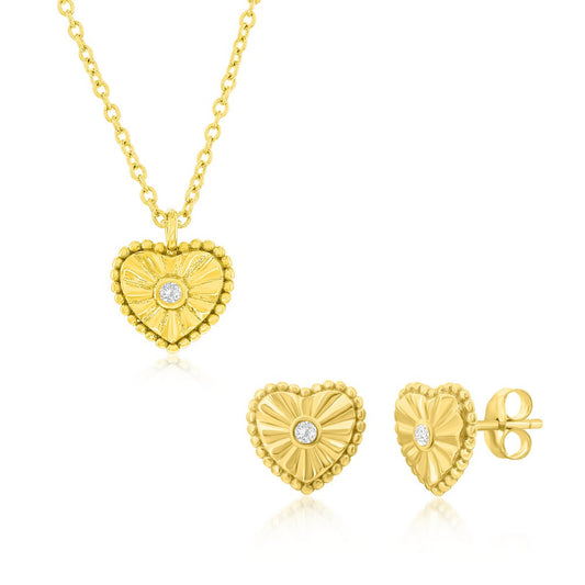 Yellow Gold Plated Heart Earrings & Pendant Set