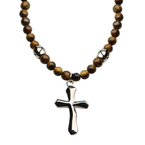 Tiger Eye Beads with Steel Cross Pendant Necklace