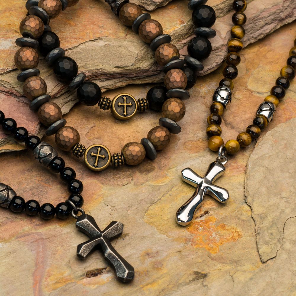 Tiger Eye Beads with Steel Cross Pendant Necklace