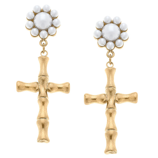 Bamboo Cross Pearl Cluster Earrings