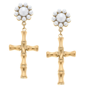 Bamboo Cross Pearl Cluster Earrings