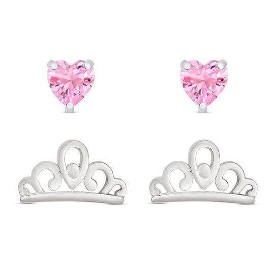 Princess Tiara And Pink Heart CZ Stud Set In Sterling Silver