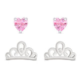 Princess Tiara And Pink Heart CZ Stud Set In Sterling Silver