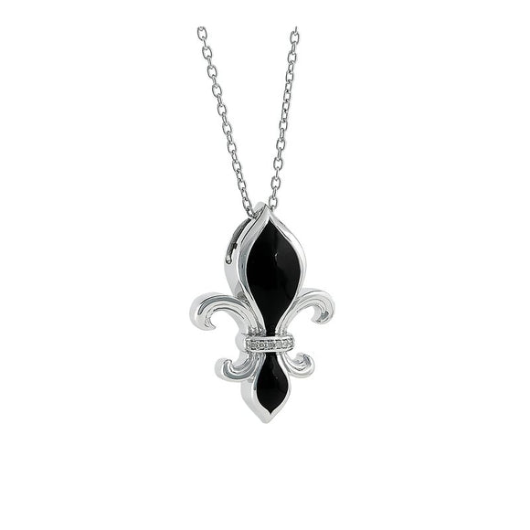 Sterling Silver Black Opaque & Diamond Fleur de lis Pendant
