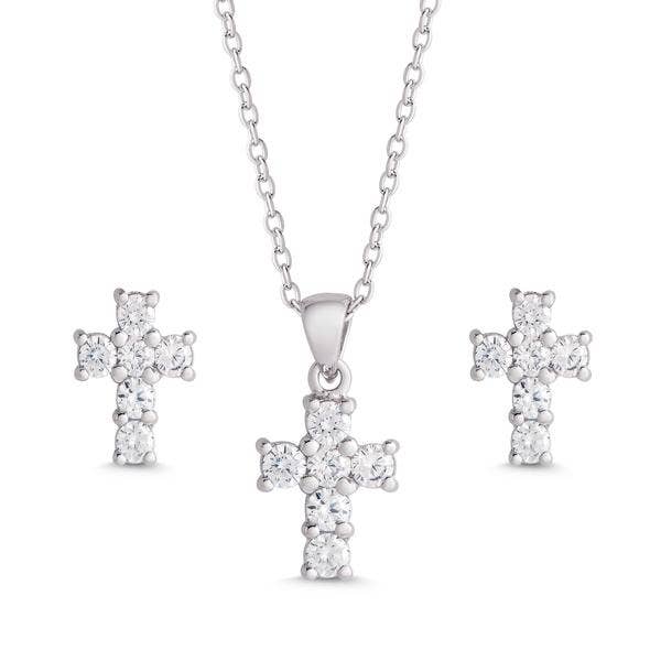 CZ Cross Pendant And Stud Earrings Set In Sterling Silver