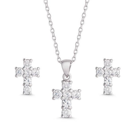 CZ Cross Pendant And Stud Earrings Set In Sterling Silver