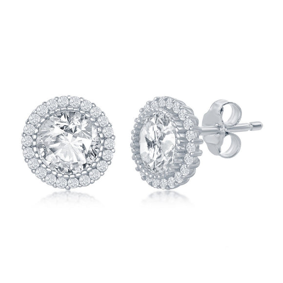 Sterling Silver Round with Halo Stud Earrings