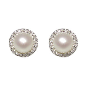 Sterling Silver Pearl & Diamond Stud Earrings