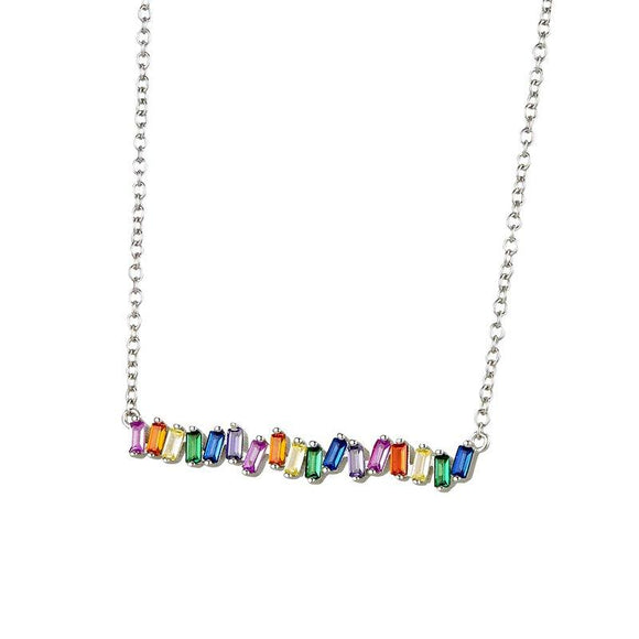 Sterling Rainbow Baguette Bar Necklace