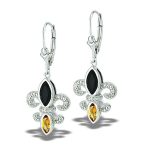 Sterling Silver Fleur de Lis Onyx and Citrine Diamond Earrings