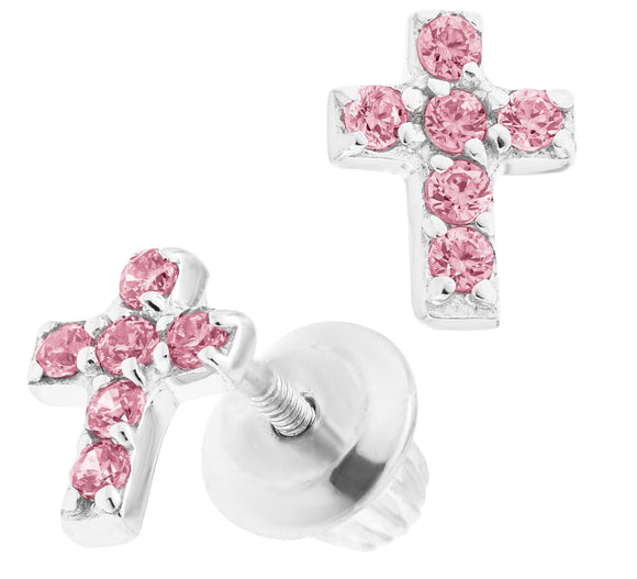 Pink CZ Cross Earrings