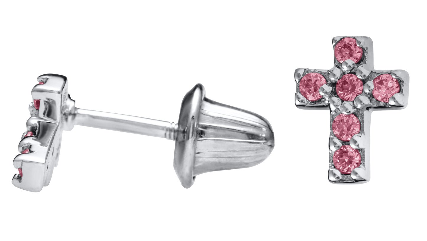 Pink CZ Cross Earrings