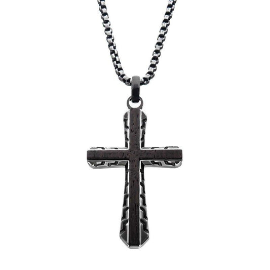 Wood Inlay & Gun Metal Cross Pendant